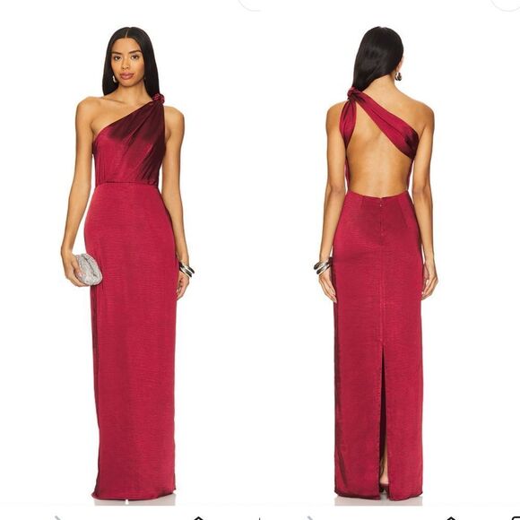Lovers + Friends bells gown Cabernet Red One Shoulder satin dress Revolve XXS - Picture 1 of 10